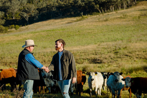 Two generations of Morpeth Butchery farmers shaking hands in a Hunter Valley paddock